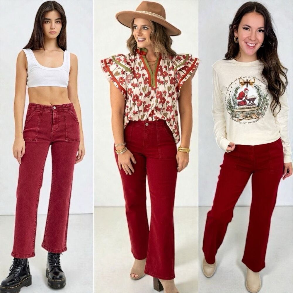 High Rise Straight Ankle Jeans Wine Red Patch Pockets Size 15/32 – Risen NWT